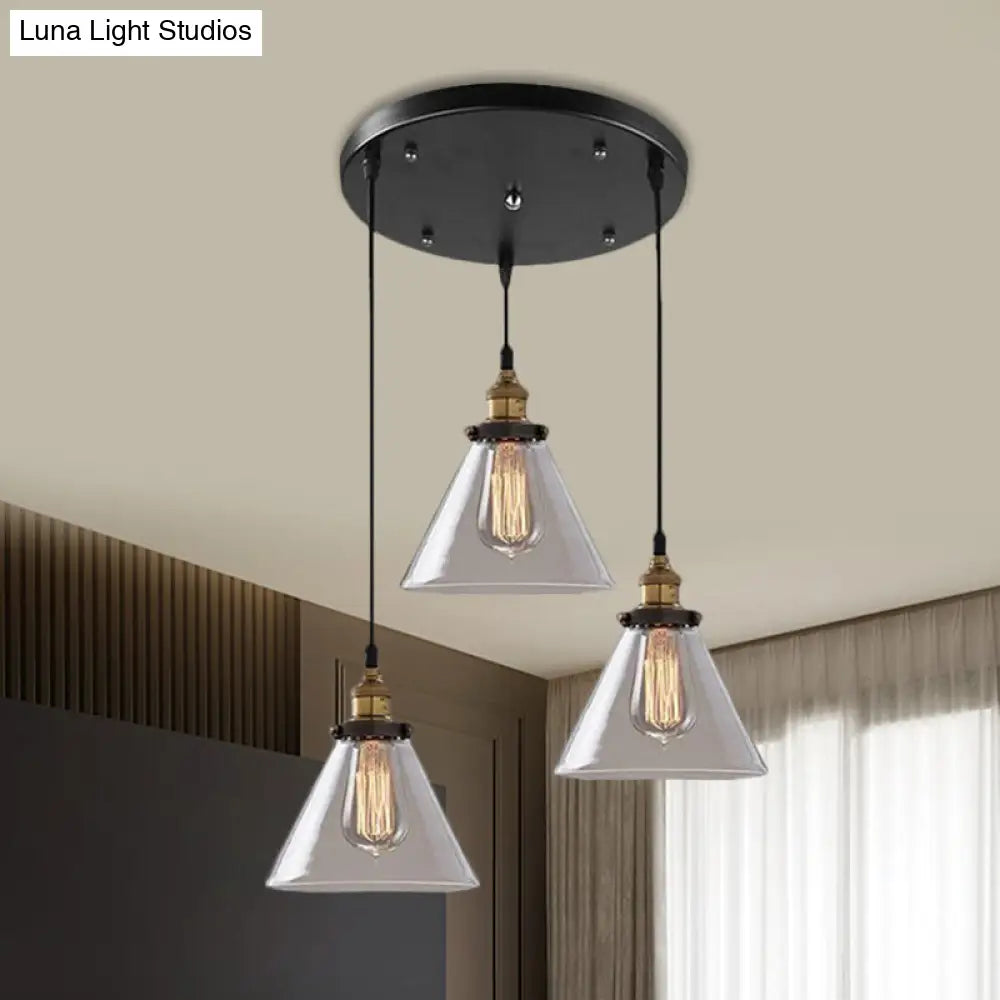 Lámpara colgante industrial de cristal ahumado en forma de cono/cuenco - Luminaria de 3 luces para cafetería con múltiples luces - Dosel lineal/redondo