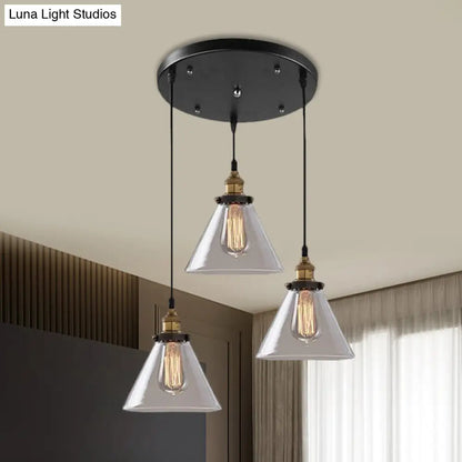 Lámpara colgante industrial de cristal ahumado en forma de cono/cuenco - Luminaria de 3 luces para cafetería con múltiples luces - Dosel lineal/redondo