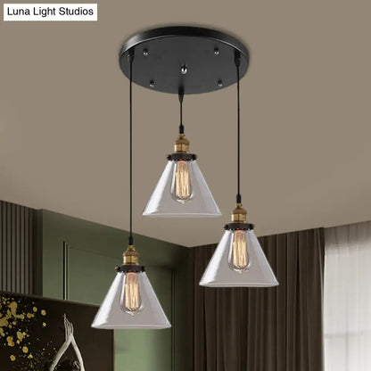 Lámpara colgante industrial de cristal ahumado en forma de cono/cuenco - Luminaria de 3 luces para cafetería con múltiples luces - Dosel lineal/redondo