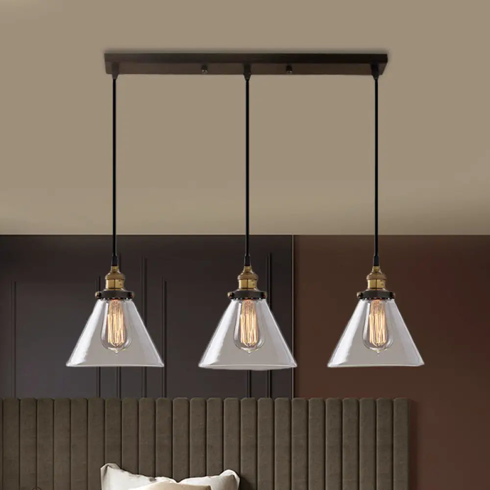 Lámpara colgante industrial de cristal ahumado en forma de cono/cuenco - Luminaria de 3 luces para cafetería con múltiples luces - Dosel lineal/redondo