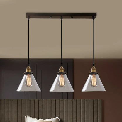 Lámpara colgante industrial de cristal ahumado en forma de cono/cuenco - Luminaria de 3 luces para cafetería con múltiples luces - Dosel lineal/redondo