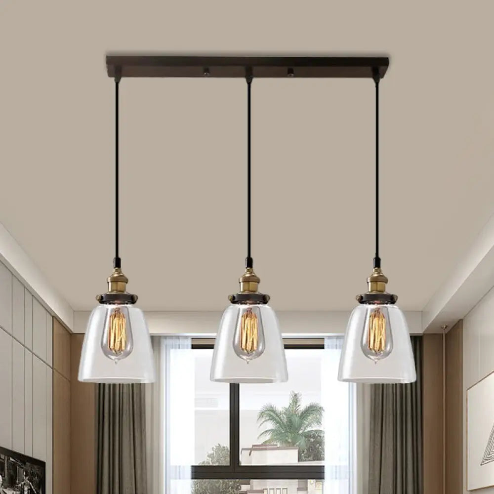 Lámpara colgante industrial de cristal ahumado en forma de cono/cuenco - Luminaria de 3 luces para cafetería con múltiples luces - Dosel lineal/redondo