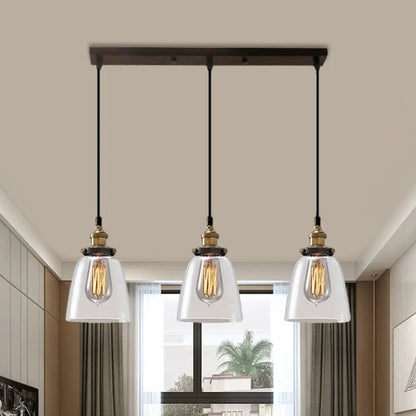Lámpara colgante industrial de cristal ahumado en forma de cono/cuenco - Luminaria de 3 luces para cafetería con múltiples luces - Dosel lineal/redondo