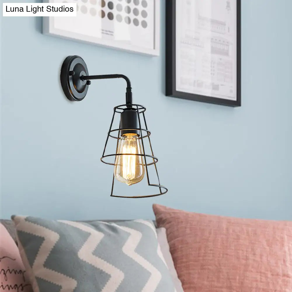 Aplique de pared cónico con brazo curvo - Lámpara de pared metálica de estilo vintage en blanco y negro.