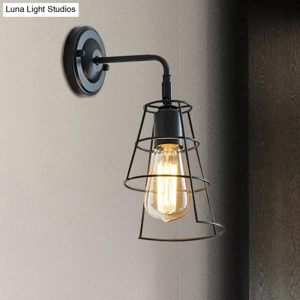 Aplique de pared cónico con brazo curvo - Lámpara de pared metálica de estilo vintage en blanco y negro.