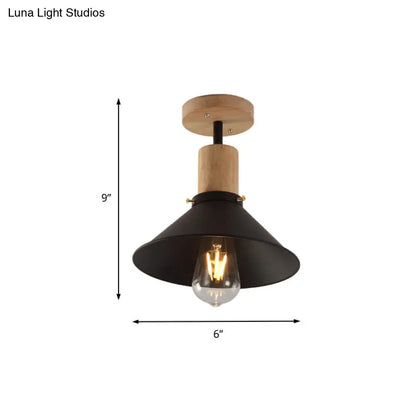 DecorBites™ DecorBites™ Conic Metal Semi-Flush Mount Foyer Ceiling Light with Wooden Canopy - Loft Style, 1 Bulb, 8"/10" Wide, Black