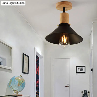 DecorBites™ DecorBites™ Conic Metal Semi-Flush Mount Foyer Ceiling Light with Wooden Canopy - Loft Style, 1 Bulb, 8"/10" Wide, Black