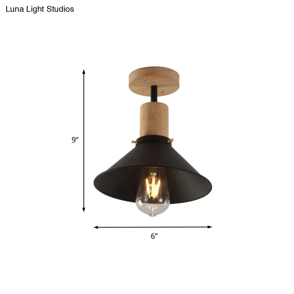 DecorBites™ DecorBites™ Conic Metal Semi-Flush Mount Foyer Ceiling Light with Wooden Canopy - Loft Style, 1 Bulb, 8"/10" Wide, Black