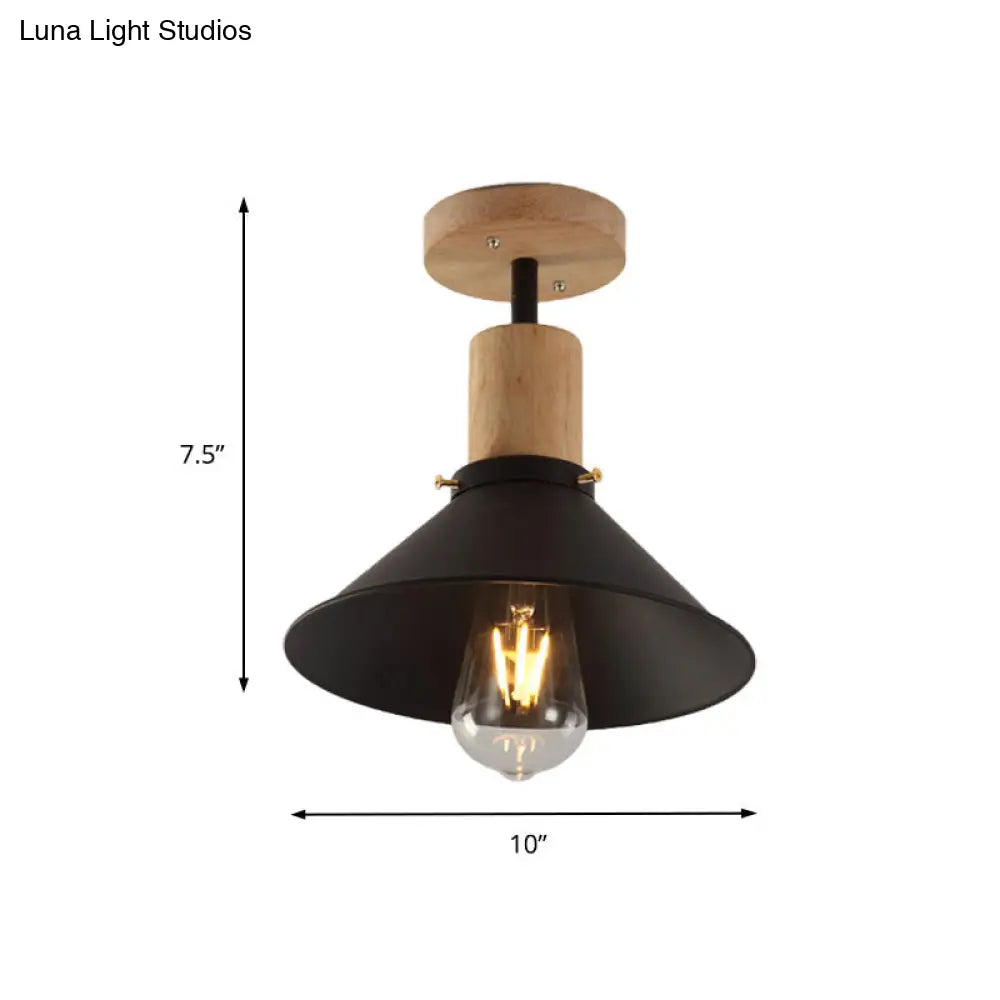 DecorBites™ DecorBites™ Conic Metal Semi-Flush Mount Foyer Ceiling Light with Wooden Canopy - Loft Style, 1 Bulb, 8"/10" Wide, Black