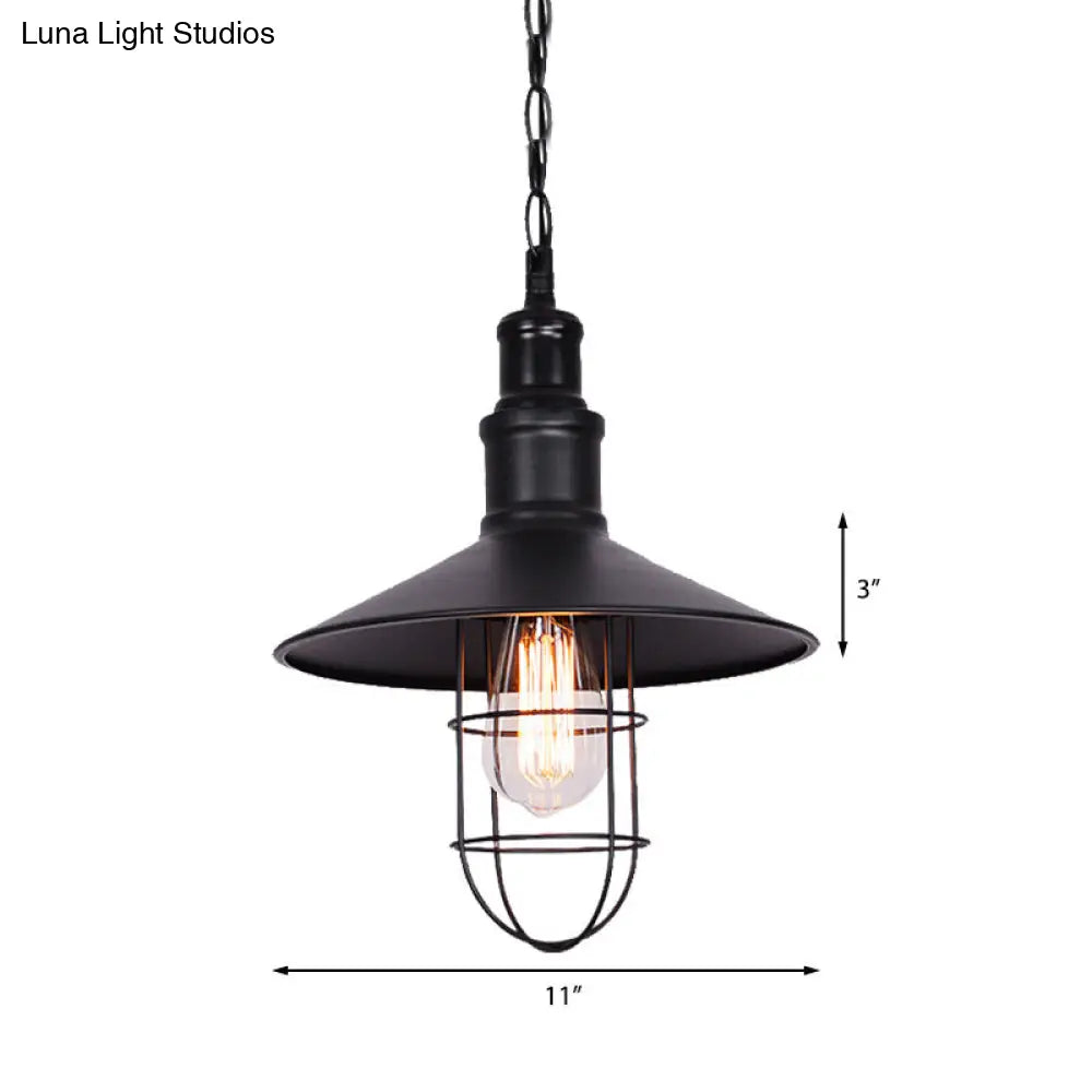 Conic Shade Suspension Light with Wire Guard - Nautical Black Metal Pendant Lighting for Indoor Use