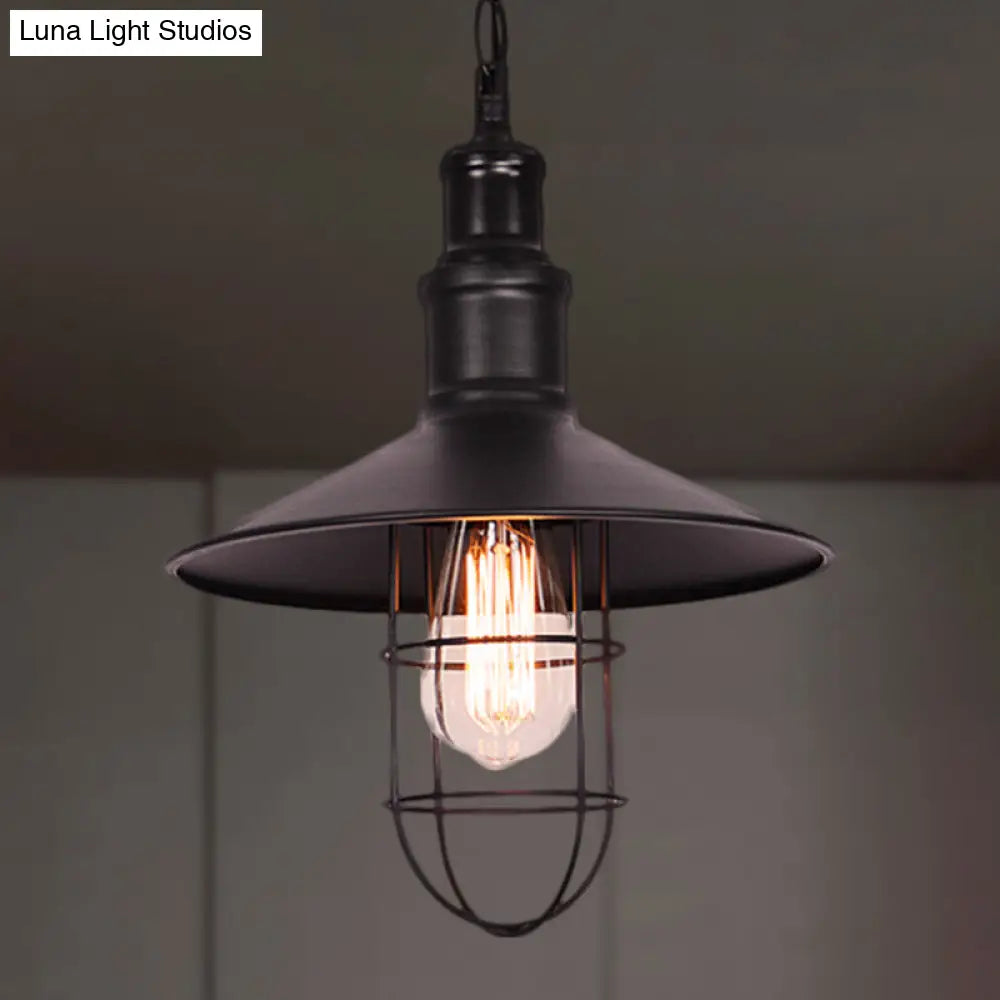 Conic Shade Suspension Light with Wire Guard - Nautical Black Metal Pendant Lighting for Indoor Use