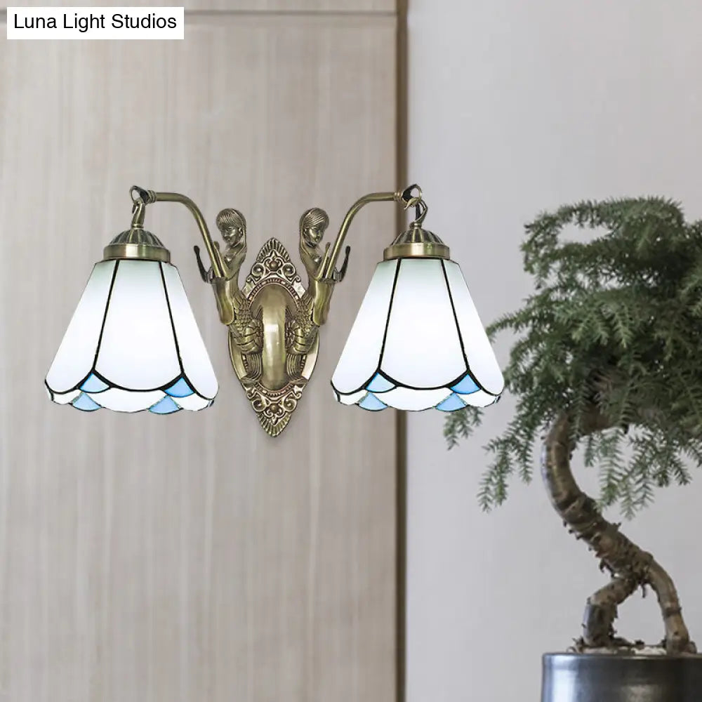 Aplique de pared cónico con doble brazo de sirena - Lámpara de pared de cristal blanco/beige