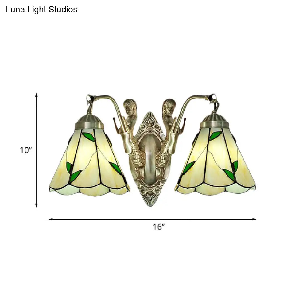 Aplique de pared cónico con doble brazo de sirena - Lámpara de pared de cristal blanco/beige