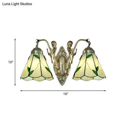 Aplique de pared cónico con doble brazo de sirena - Lámpara de pared de cristal blanco/beige