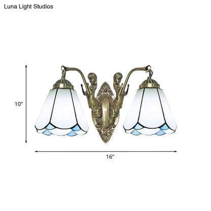 Aplique de pared cónico con doble brazo de sirena - Lámpara de pared de cristal blanco/beige