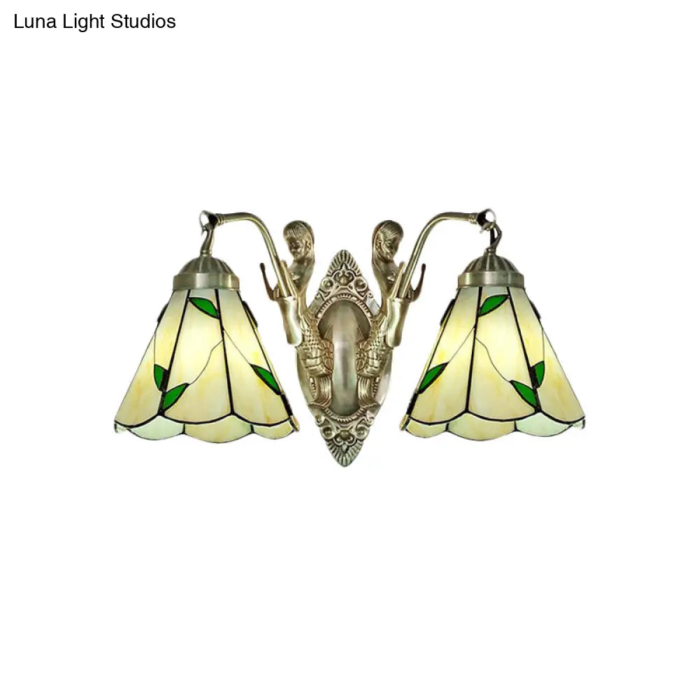 Aplique de pared cónico con doble brazo de sirena - Lámpara de pared de cristal blanco/beige