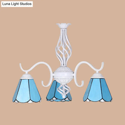 Lámpara de araña cónica con cadena metálica y 3 luces - Iluminación de vestíbulo de vitral Tiffany (Blanco/Azul)