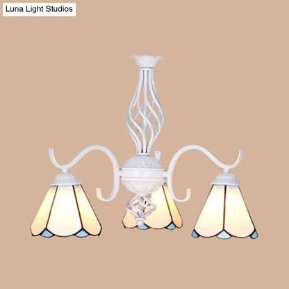 Lámpara de araña cónica con cadena metálica y 3 luces - Iluminación de vestíbulo de vitral Tiffany (Blanco/Azul)