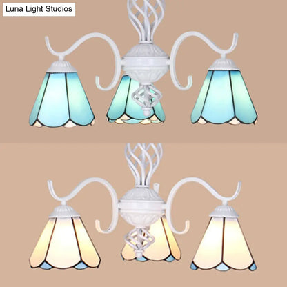 Lámpara de araña cónica con cadena metálica y 3 luces - Iluminación de vestíbulo de vitral Tiffany (Blanco/Azul)
