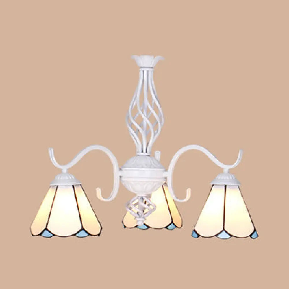 Lámpara de araña cónica con cadena metálica y 3 luces - Iluminación de vestíbulo de vitral Tiffany (Blanco/Azul)