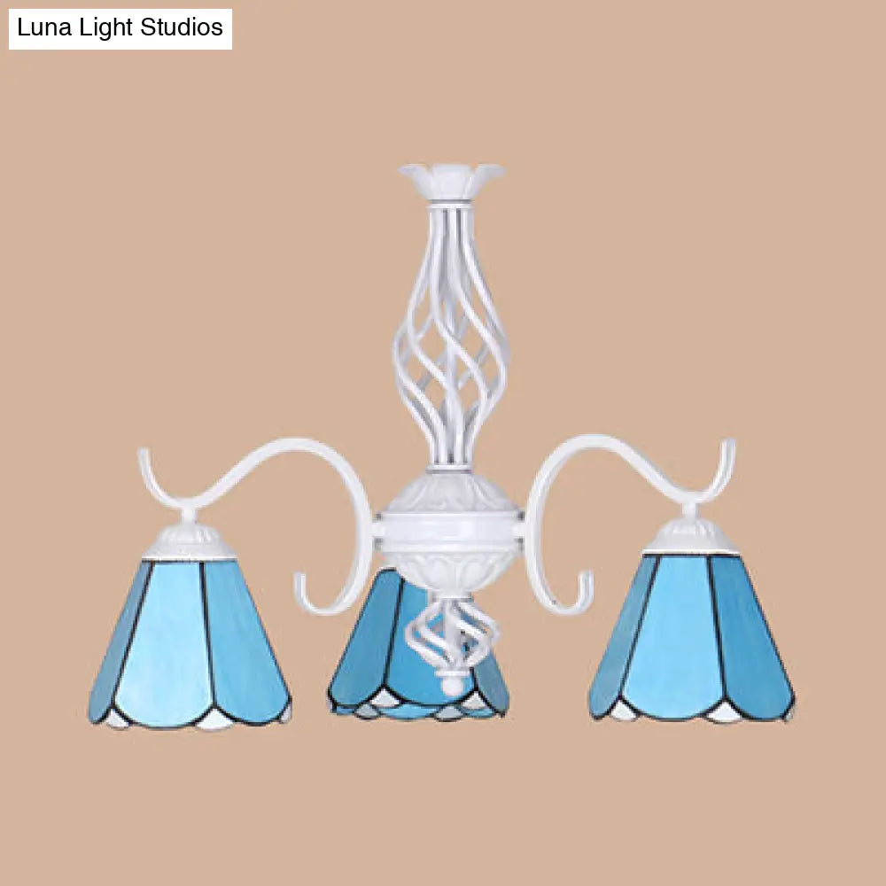 Lámpara de araña cónica con cadena metálica y 3 luces - Iluminación de vestíbulo de vitral Tiffany (Blanco/Azul)
