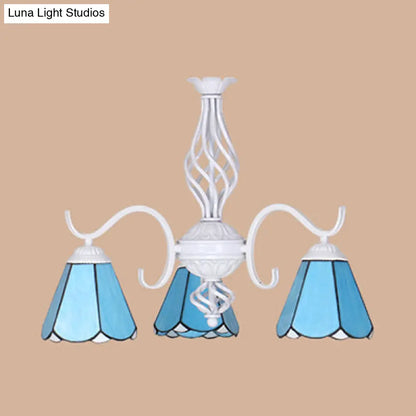 Lámpara de araña cónica con cadena metálica y 3 luces - Iluminación de vestíbulo de vitral Tiffany (Blanco/Azul)