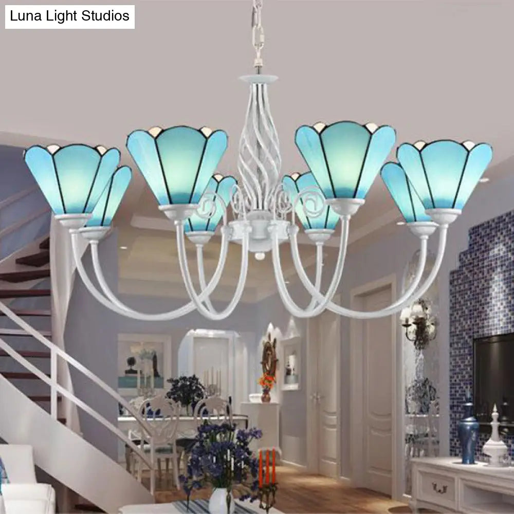 Conical Chandelier with Multi Lights and Traditional Blue Glass Pendant for Living Room