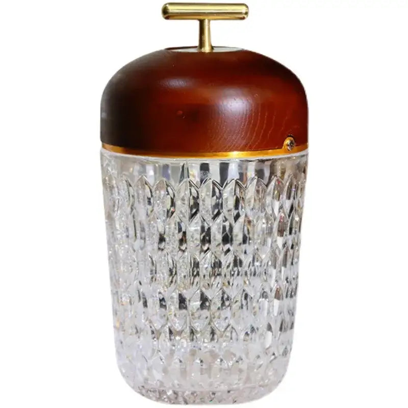 Conical crystal bedside lamp with faceted crystal body wood lid and brass handle for elegant bedroom decorbites decor