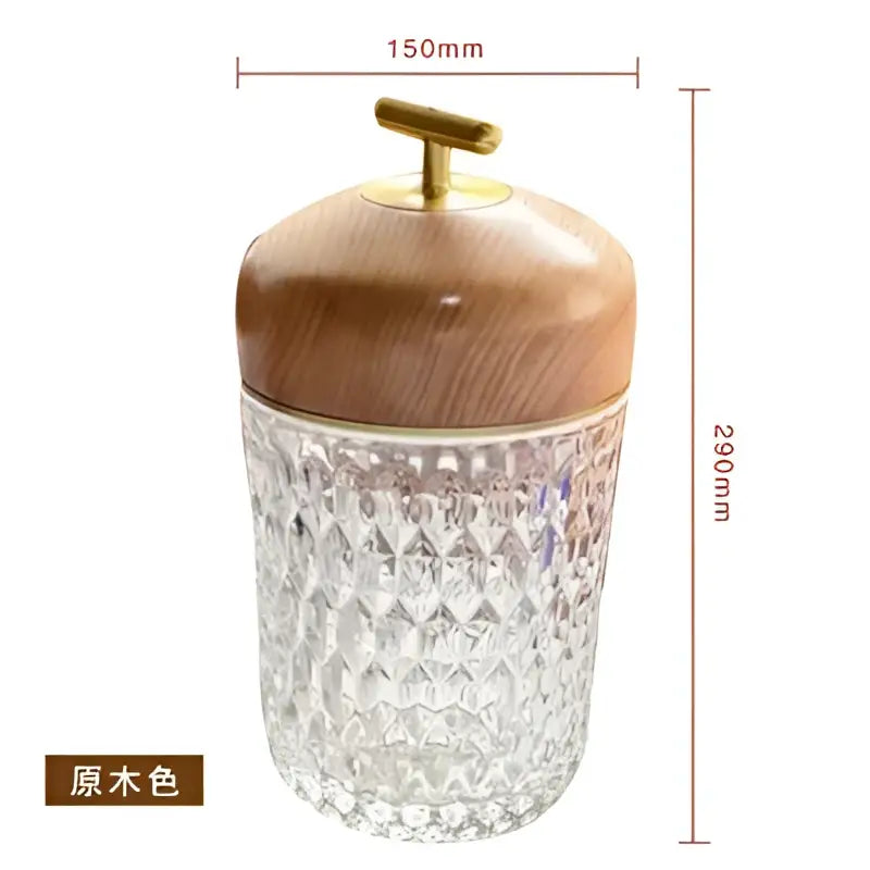 Clear glass conical crystal bedside lamp with textured diamond pattern and wood lid brass handle for bedroom decorbites conical crystal