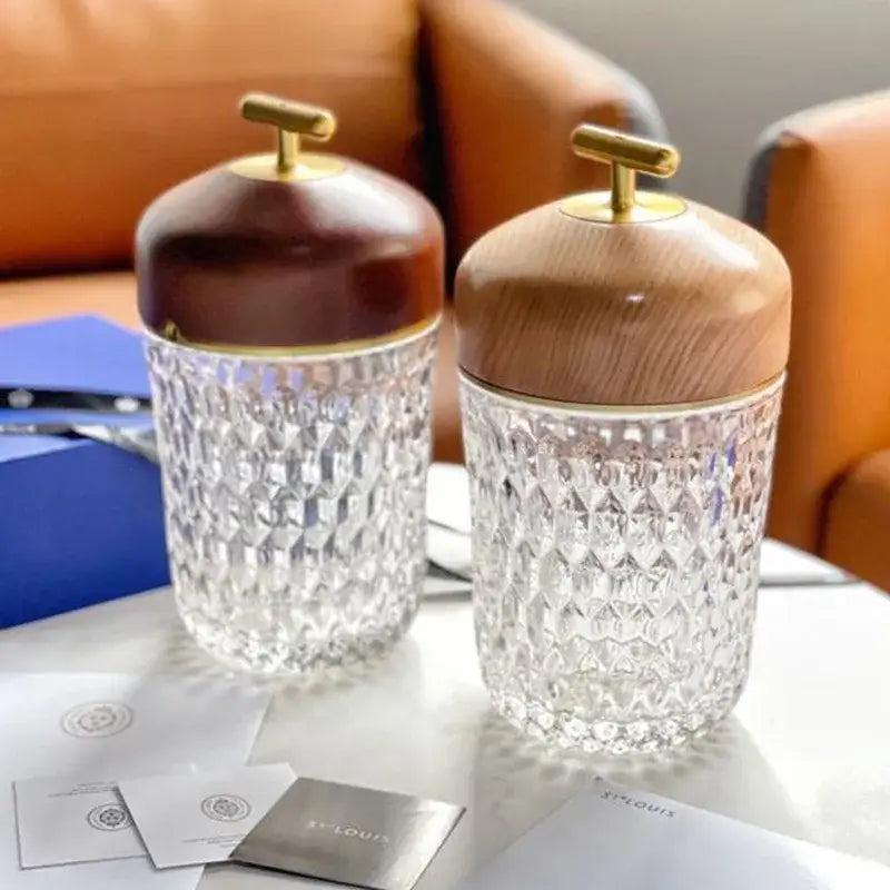 Two elegant decorbites conical crystal bedside lamps with faceted glass bodies wooden lids and brass handles for bedroom atmosphere