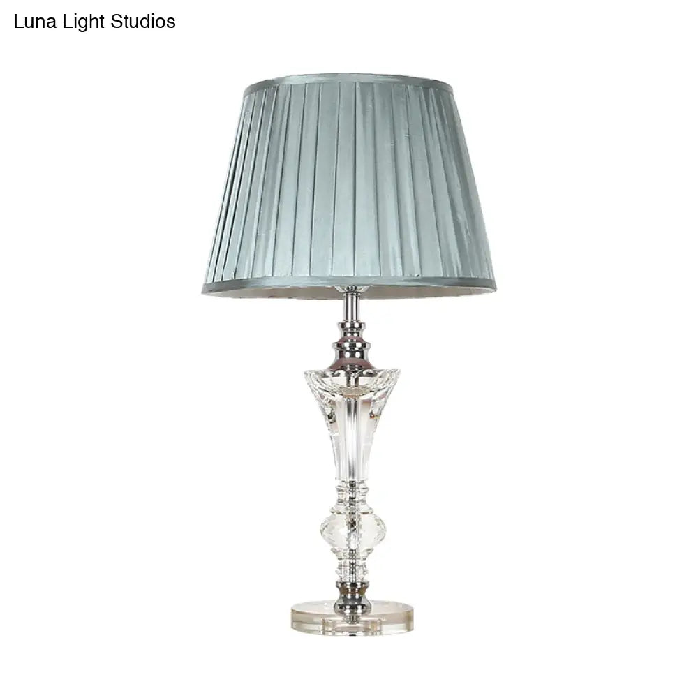 Lámpara de noche cónica de tela en rosa/azul/beige con base de cristal - Lámpara de mesa de un solo cabezal