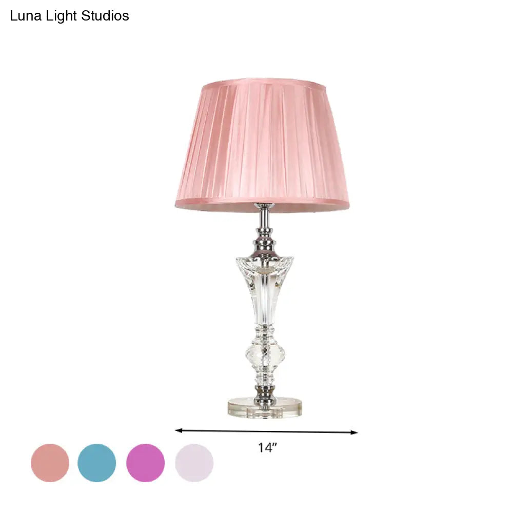 Lámpara de noche cónica de tela en rosa/azul/beige con base de cristal - Lámpara de mesa de un solo cabezal