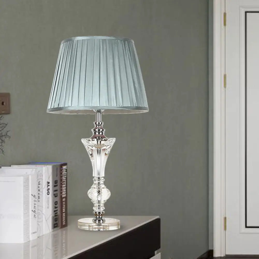 Lámpara de noche cónica de tela en rosa/azul/beige con base de cristal - Lámpara de mesa de un solo cabezal