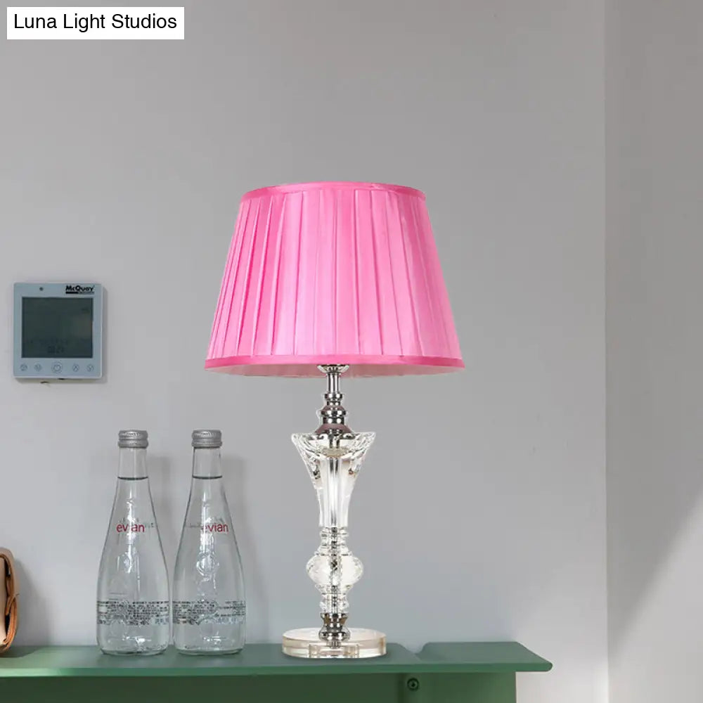 Lámpara de noche cónica de tela en rosa/azul/beige con base de cristal - Lámpara de mesa de un solo cabezal