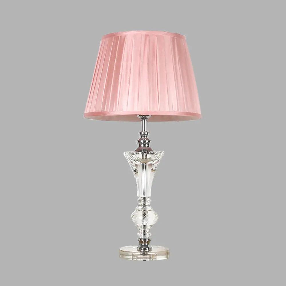 Lámpara de noche cónica de tela en rosa/azul/beige con base de cristal - Lámpara de mesa de un solo cabezal