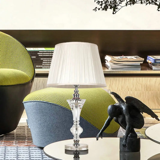 Lámpara de noche cónica de tela en rosa/azul/beige con base de cristal - Lámpara de mesa de un solo cabezal