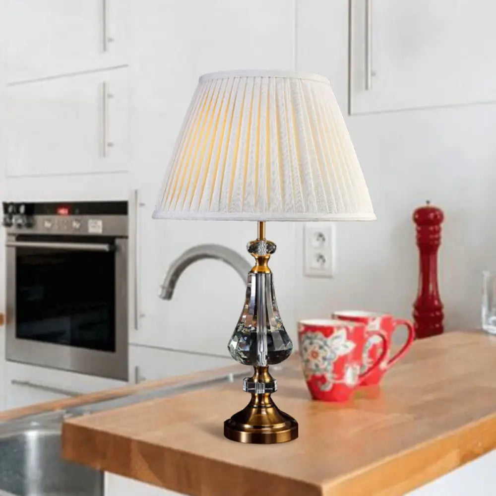 Lámpara de mesa de noche cónica - Tela color crema gris, base de cristal, diseño elegante