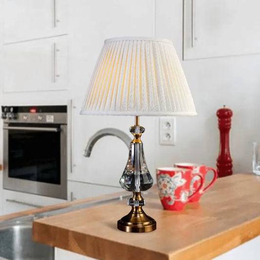 Lámpara de mesa de noche cónica - Tela color crema gris, base de cristal, diseño elegante