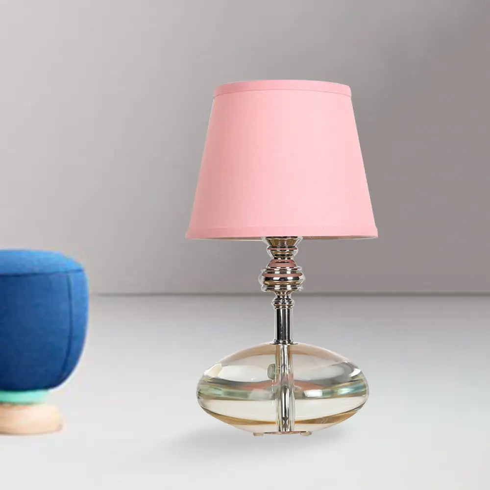 Lámpara de noche cónica de tela rosa con base de cristal - Luz de mesilla de noche estilo cabaña
