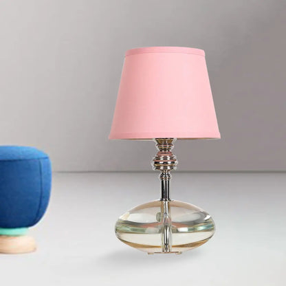 Lámpara de noche cónica de tela rosa con base de cristal - Luz de mesilla de noche estilo cabaña