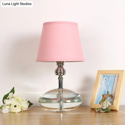 Lámpara de noche cónica de tela rosa con base de cristal - Luz de mesilla de noche estilo cabaña