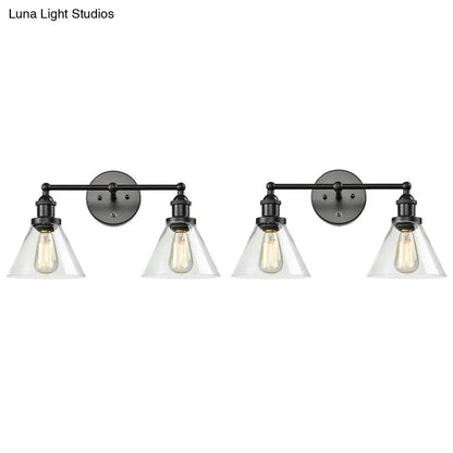 Aplique de pared industrial con pantalla cónica y jaula de cristal transparente - Aplique de tocador de 2 luces