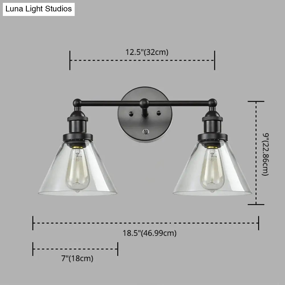Aplique de pared industrial con pantalla cónica y jaula de cristal transparente - Aplique de tocador de 2 luces