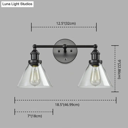 Aplique de pared industrial con pantalla cónica y jaula de cristal transparente - Aplique de tocador de 2 luces