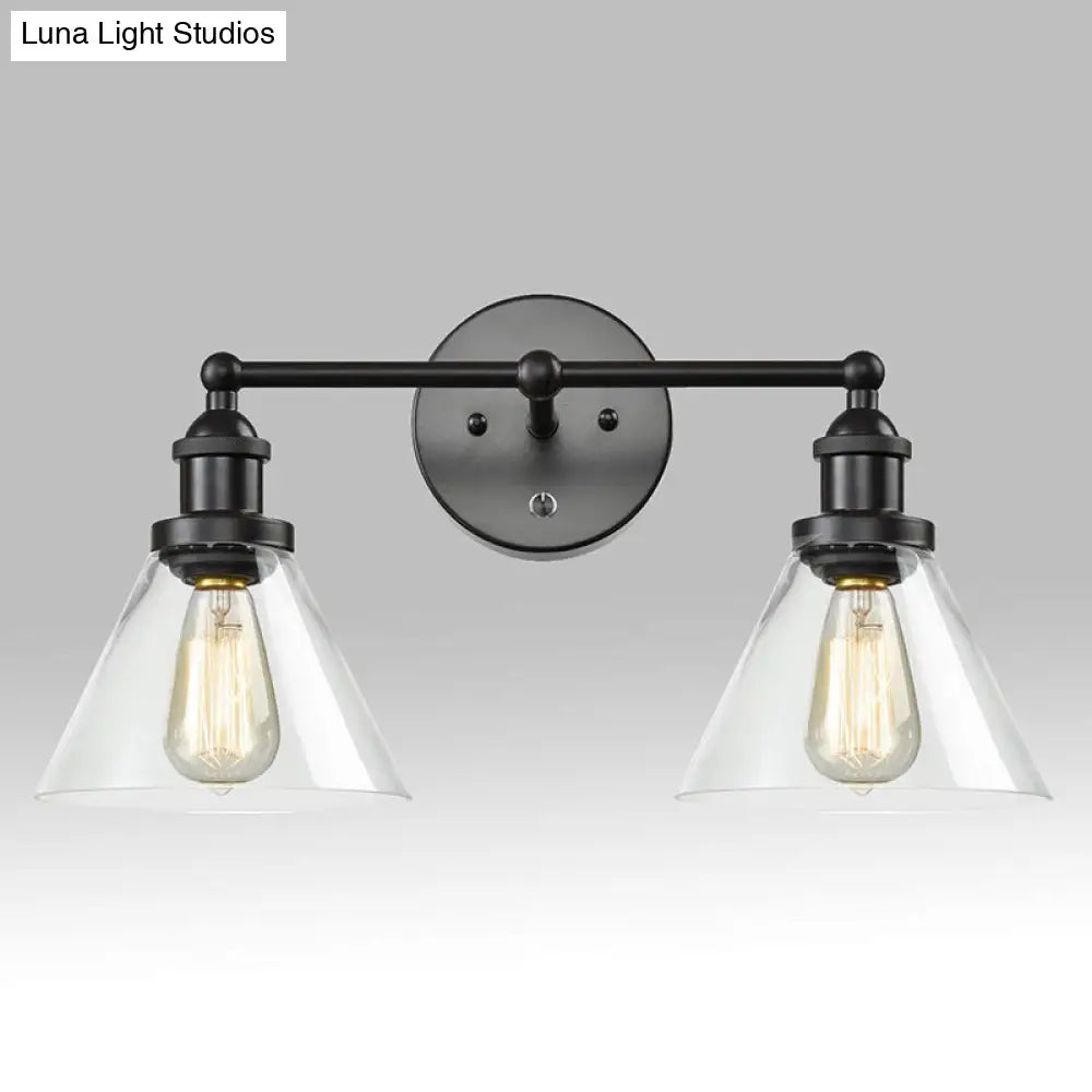 Aplique de pared industrial con pantalla cónica y jaula de cristal transparente - Aplique de tocador de 2 luces