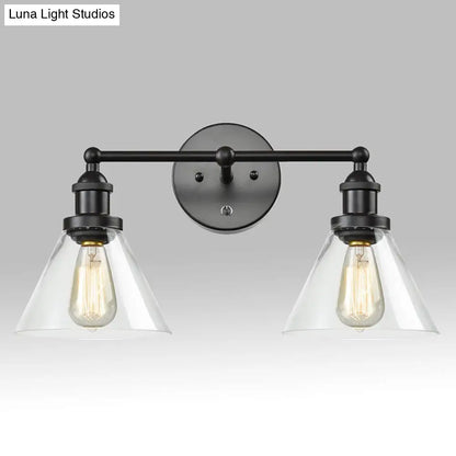 Aplique de pared industrial con pantalla cónica y jaula de cristal transparente - Aplique de tocador de 2 luces