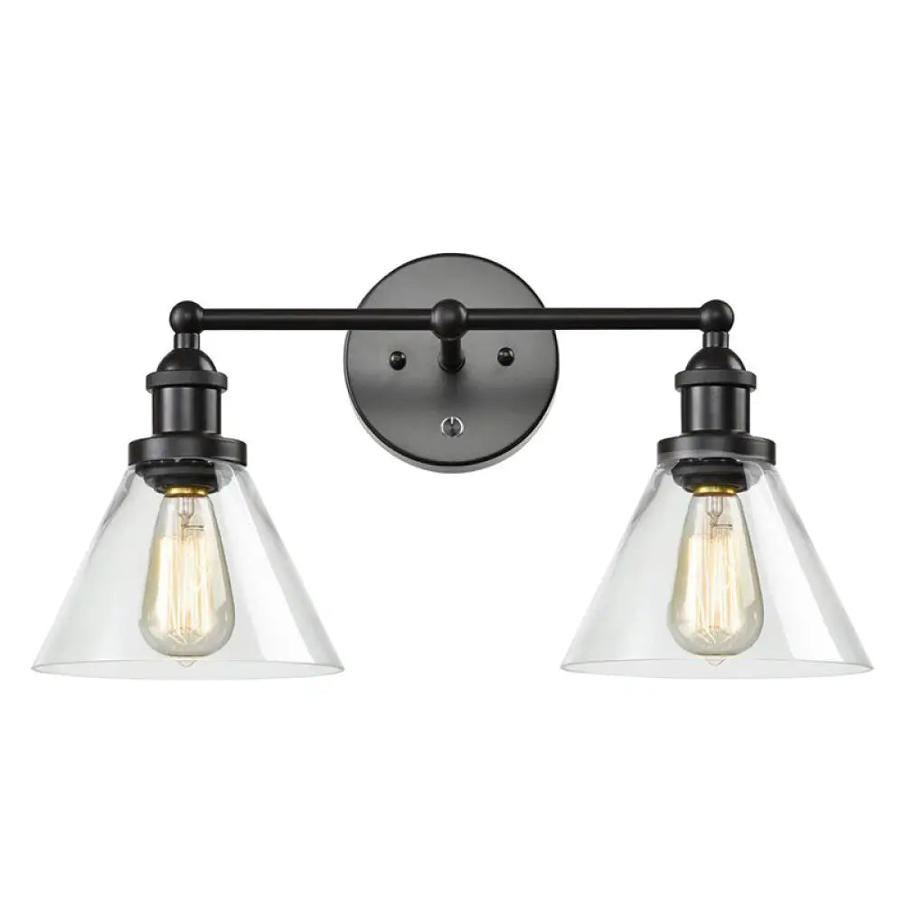 Aplique de pared industrial con pantalla cónica y jaula de cristal transparente - Aplique de tocador de 2 luces