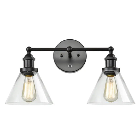 Aplique de pared industrial con pantalla cónica y jaula de cristal transparente - Aplique de tocador de 2 luces