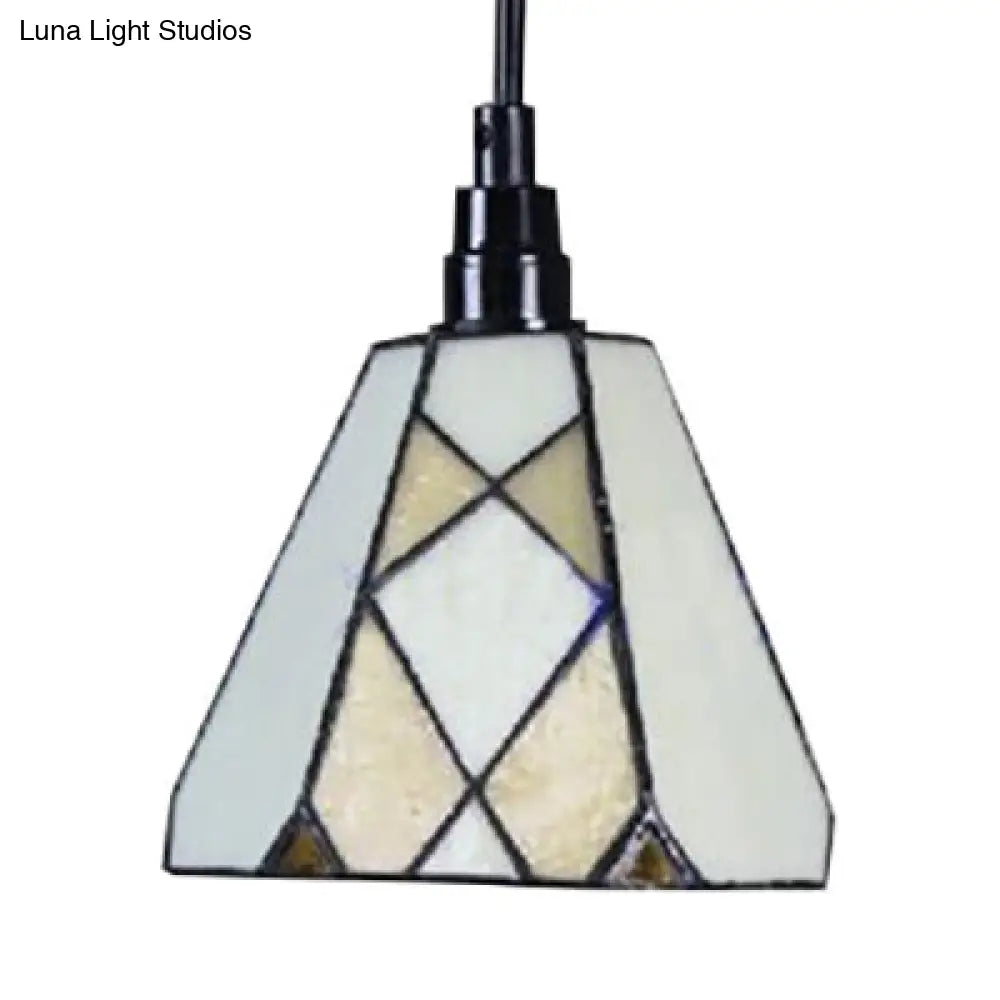 Conical Tiffany Cut Glass Pendant Light Fixture with White Down Mini Pendant for Dining Room