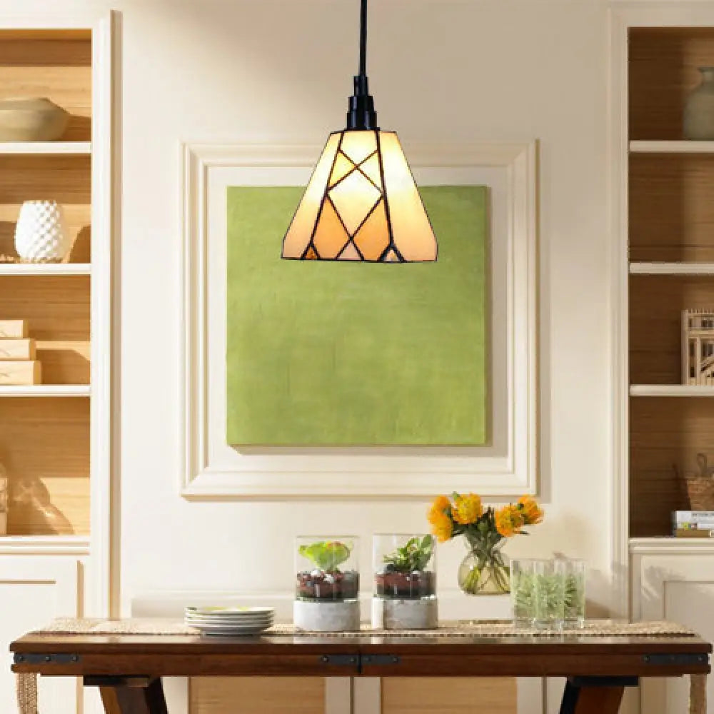 Conical Tiffany Cut Glass Pendant Light Fixture with White Down Mini Pendant for Dining Room